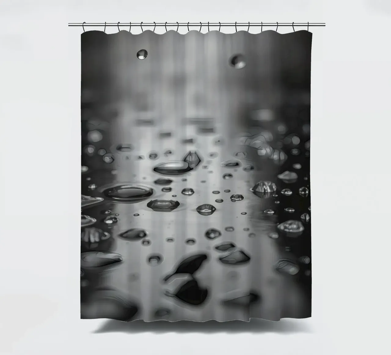 Raindrops creating reflections on a wet surface shower curtain by DesignDoodle