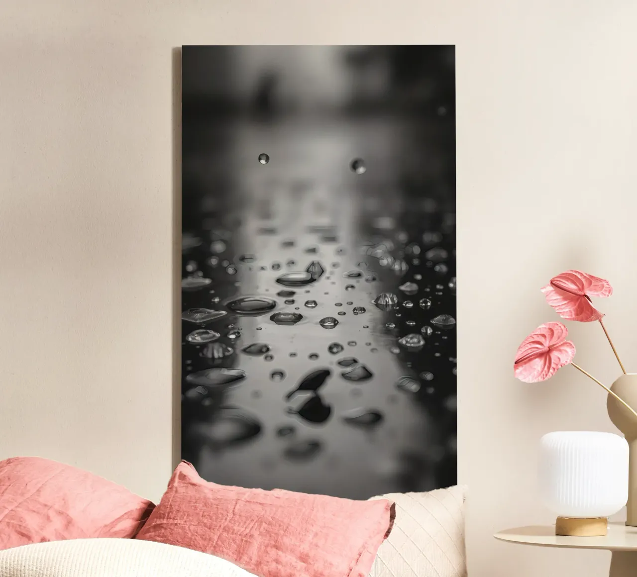 Raindrops creating reflections on a wet surface canvas by DesignDoodle