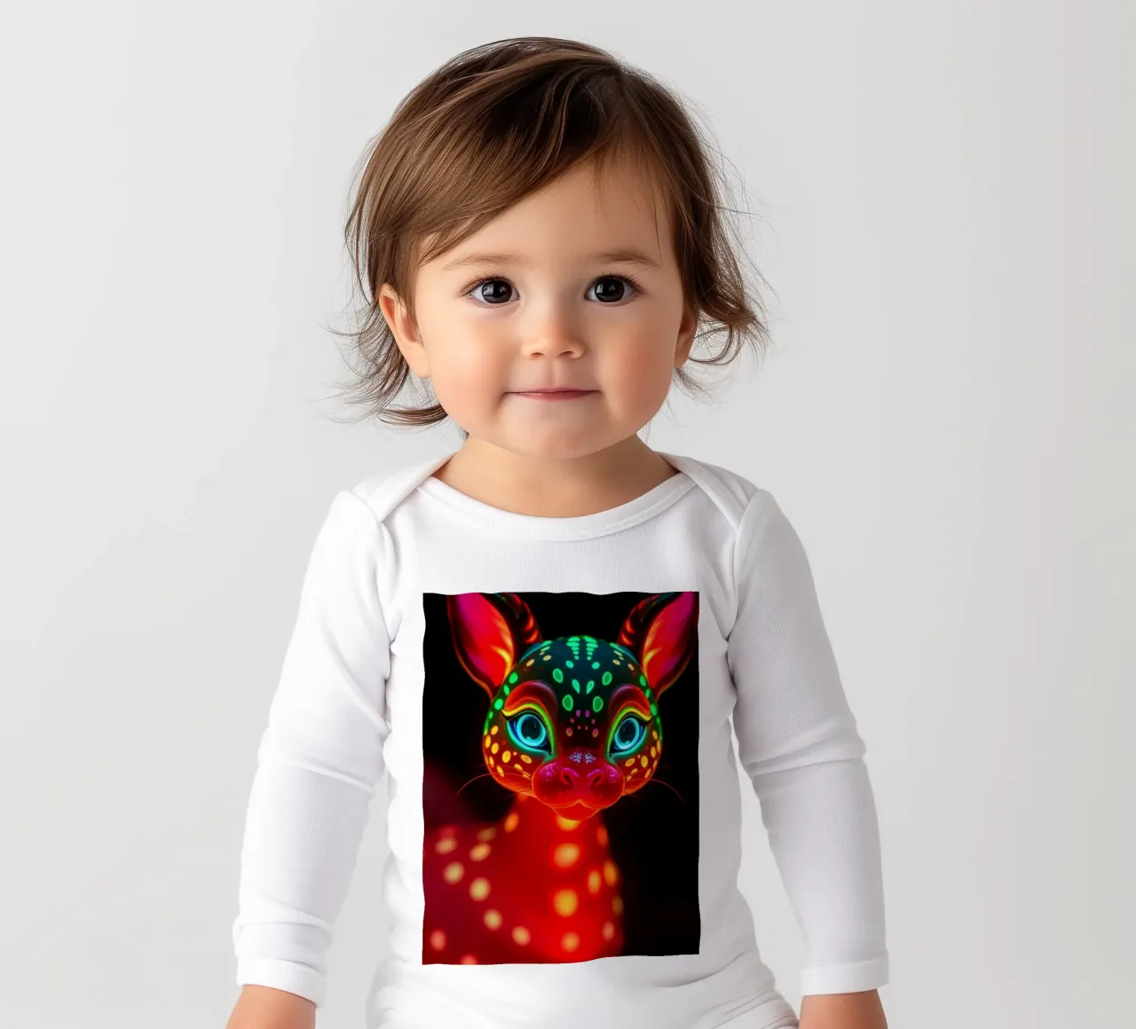 abstract deer design with glowing patterns long-sleeve baby romper by DesignDoodle