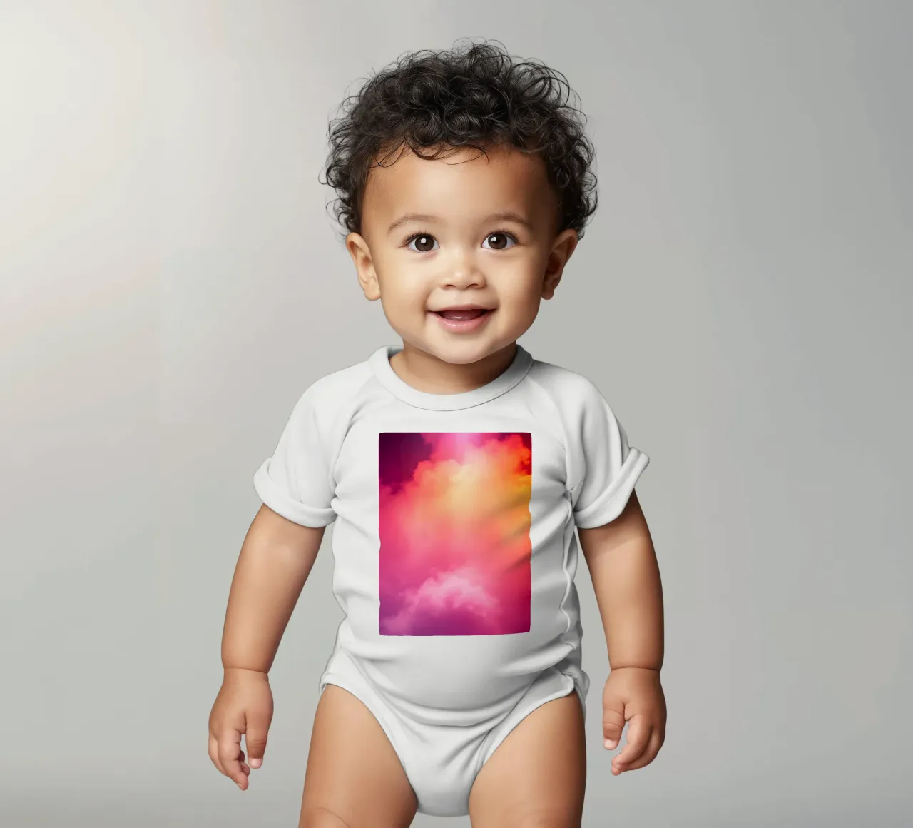 abstract cloud background featuring gradient colors and soft short-sleeve baby romper by DesignDoodle