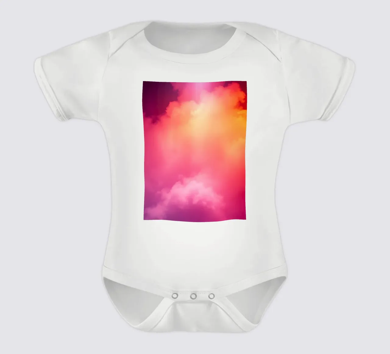 abstract cloud background featuring gradient colors and soft short-sleeve baby romper by DesignDoodle