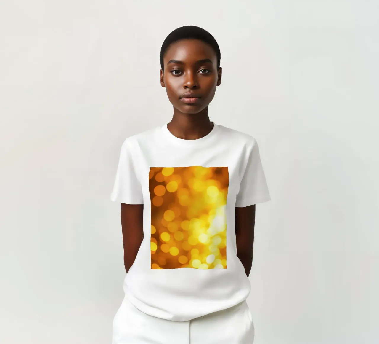 golden bokeh background design featuring abstract shimmerin t-shirt by DesignDoodle