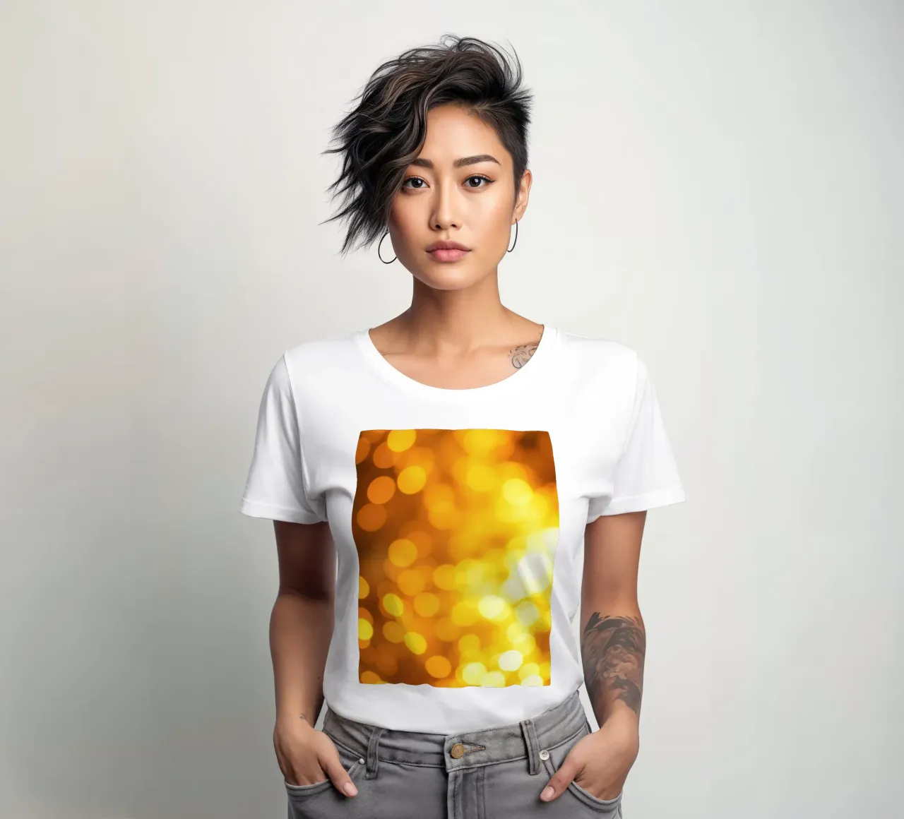golden bokeh background design featuring abstract shimmerin women's fitted t-shirt by DesignDoodle