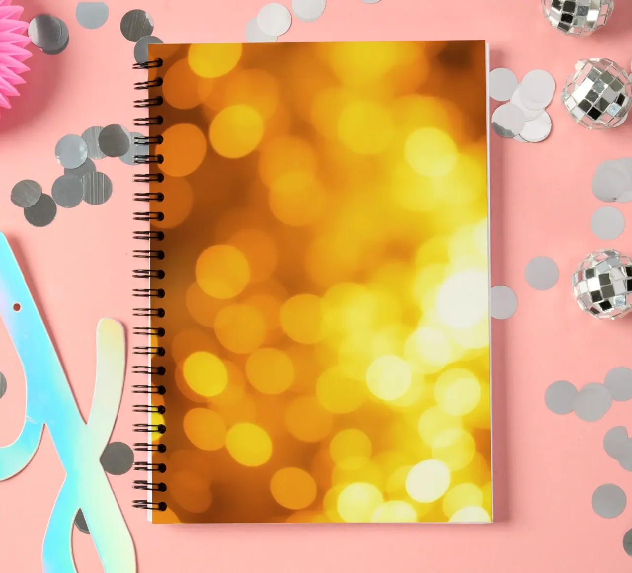 golden bokeh background design featuring abstract shimmerin spiral notebook by DesignDoodle