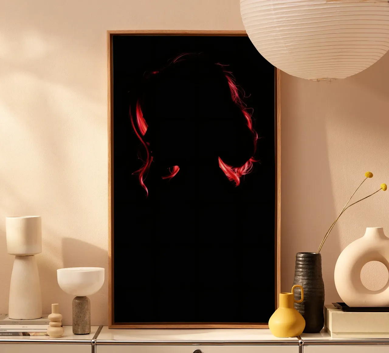 een vrouw silhouet rood haar licht duisternis canvas met Baklijst van DesignDoodle