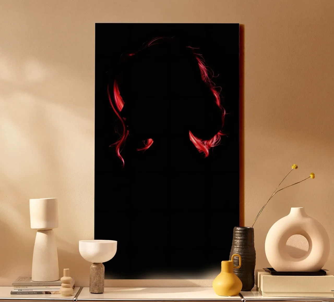 een vrouw silhouet rood haar licht duisternis canvas met Baklijst van DesignDoodle