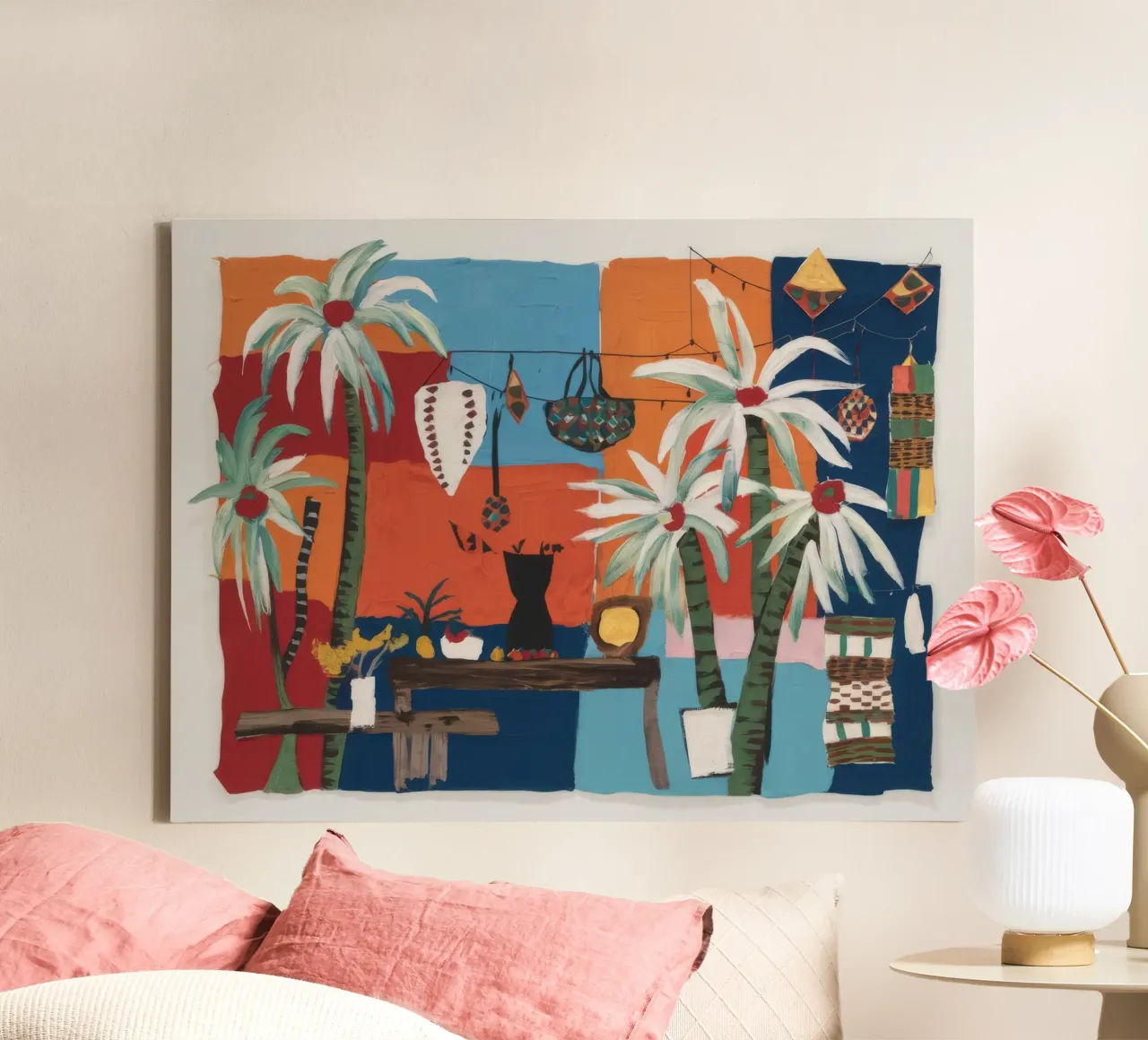 Kleurrijke kustplaats canvas met Baklijst van Beach Palette