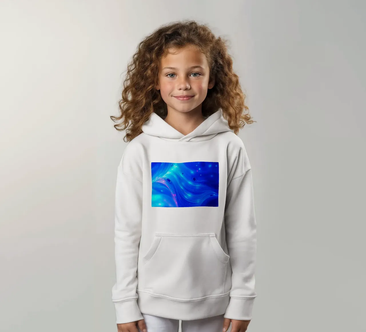 Vibrant waves of blue abstract design create a stunning art kids hoodie by DesignDoodle