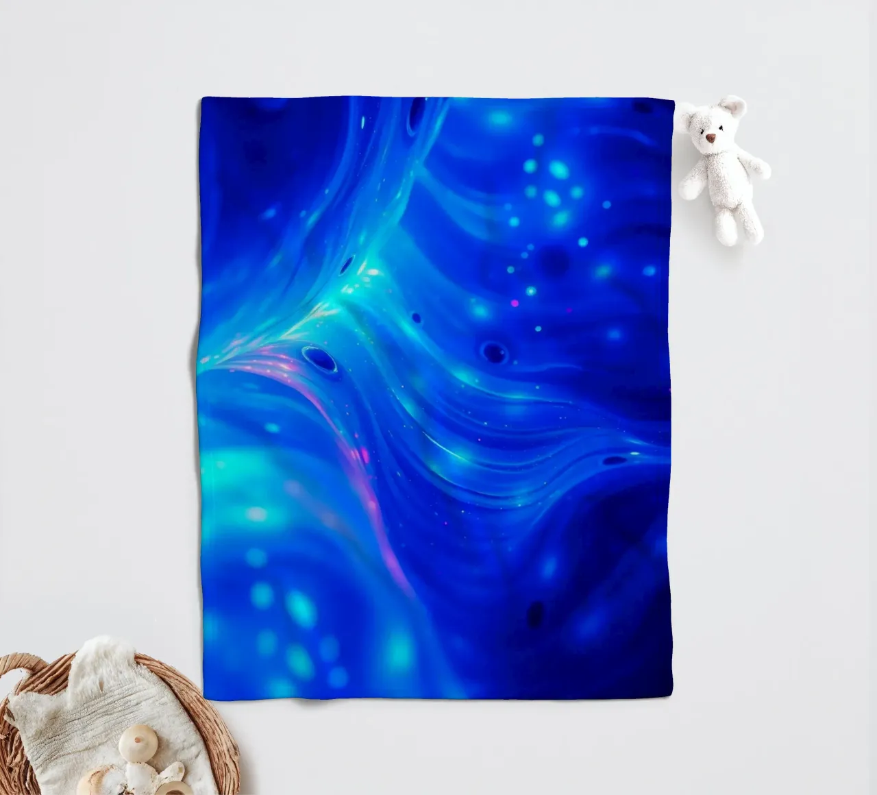 Vibrant waves of blue abstract design create a stunning art fleece blanket by DesignDoodle