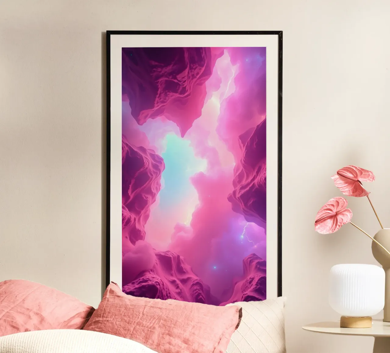een rustgevend abstract behangontwerp in roze en blauw hahnemühle van DesignDoodle