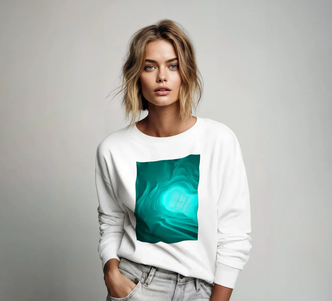 Abstract turquoise waves create a serene wallpaper sweatshirt by DesignDoodle