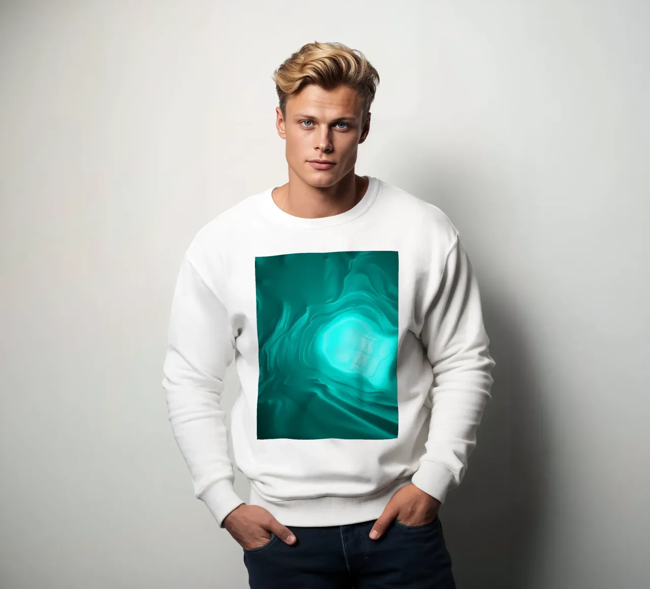 Abstract turquoise waves create a serene wallpaper sweatshirt by DesignDoodle
