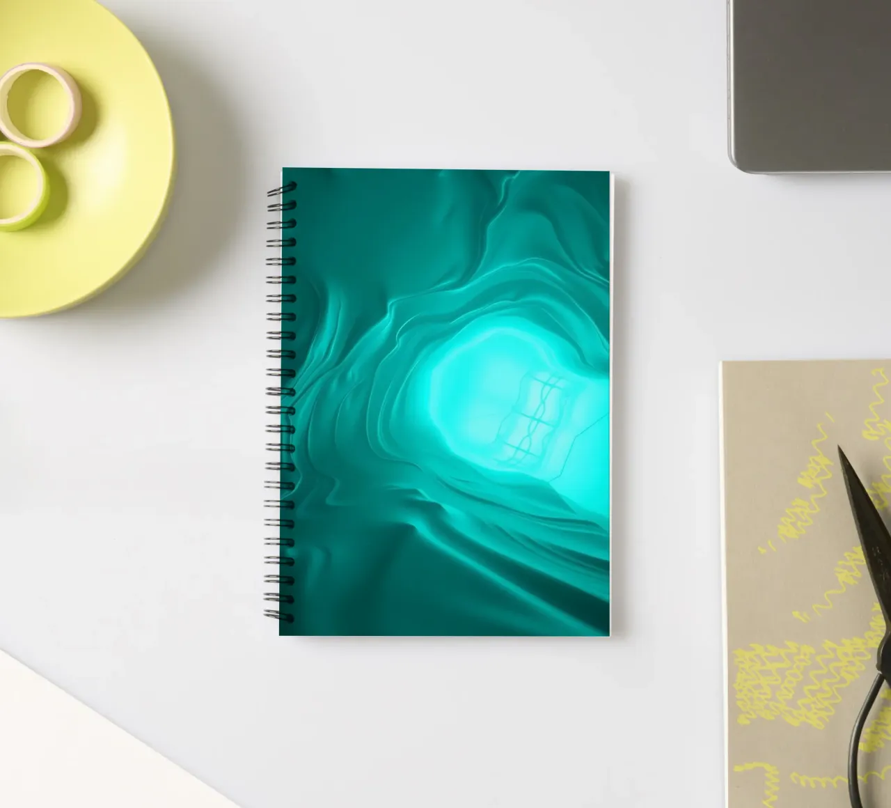 Abstract turquoise waves create a serene wallpaper spiral notebook by DesignDoodle