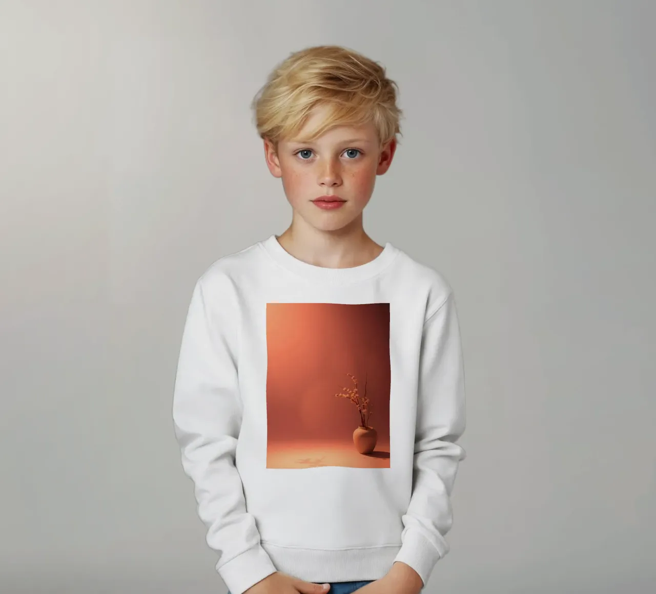 Elegant vase with delicate flowers against a warm background kids sweatshirt by DesignDoodle