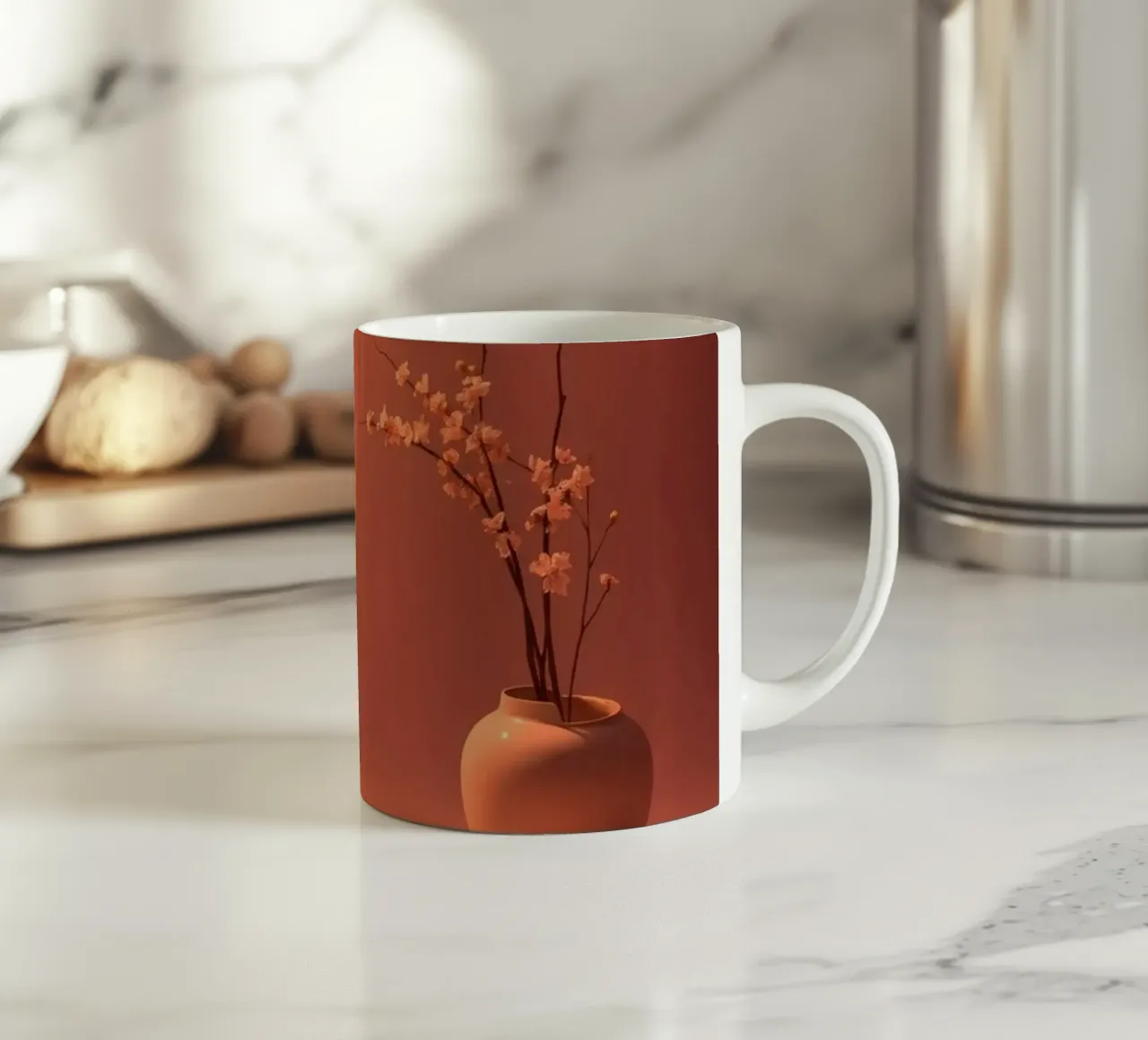 Elegante vaas met delicate bloemen tegen een warme achtergrond keramische mok van DesignDoodle