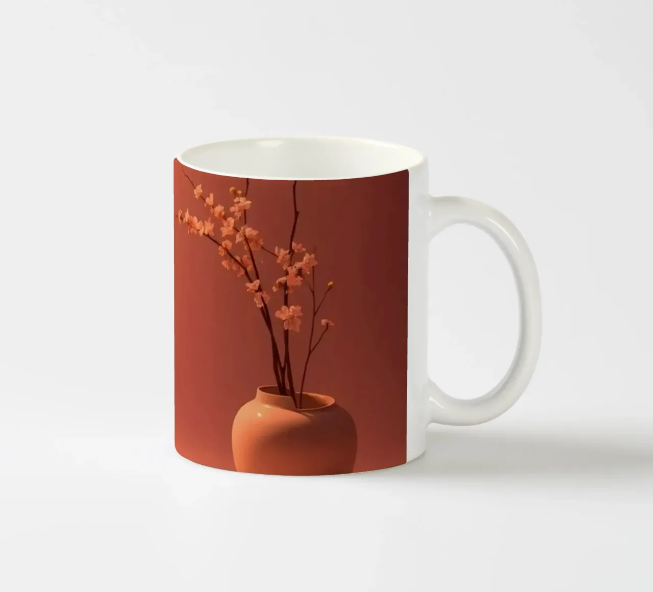 Elegante vaas met delicate bloemen tegen een warme achtergrond keramische mok van DesignDoodle