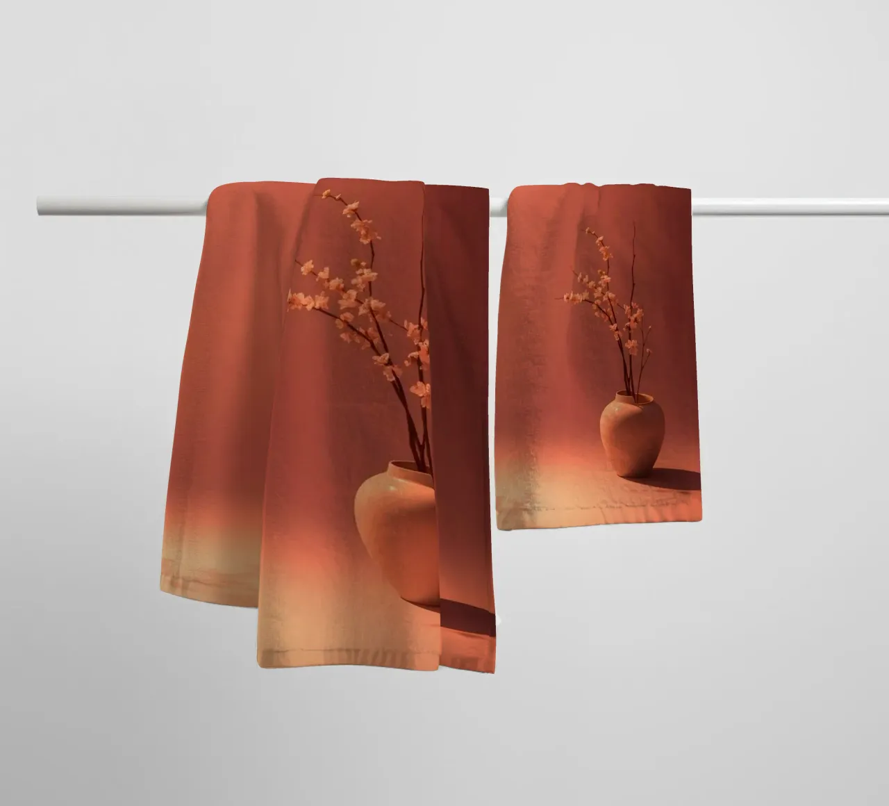 Elegant vase with delicate flowers against a warm background towel by DesignDoodle