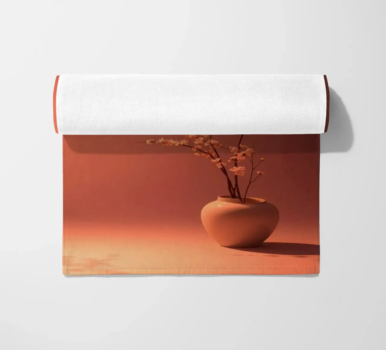 Elegant vase with delicate flowers against a warm background beach towel by DesignDoodle