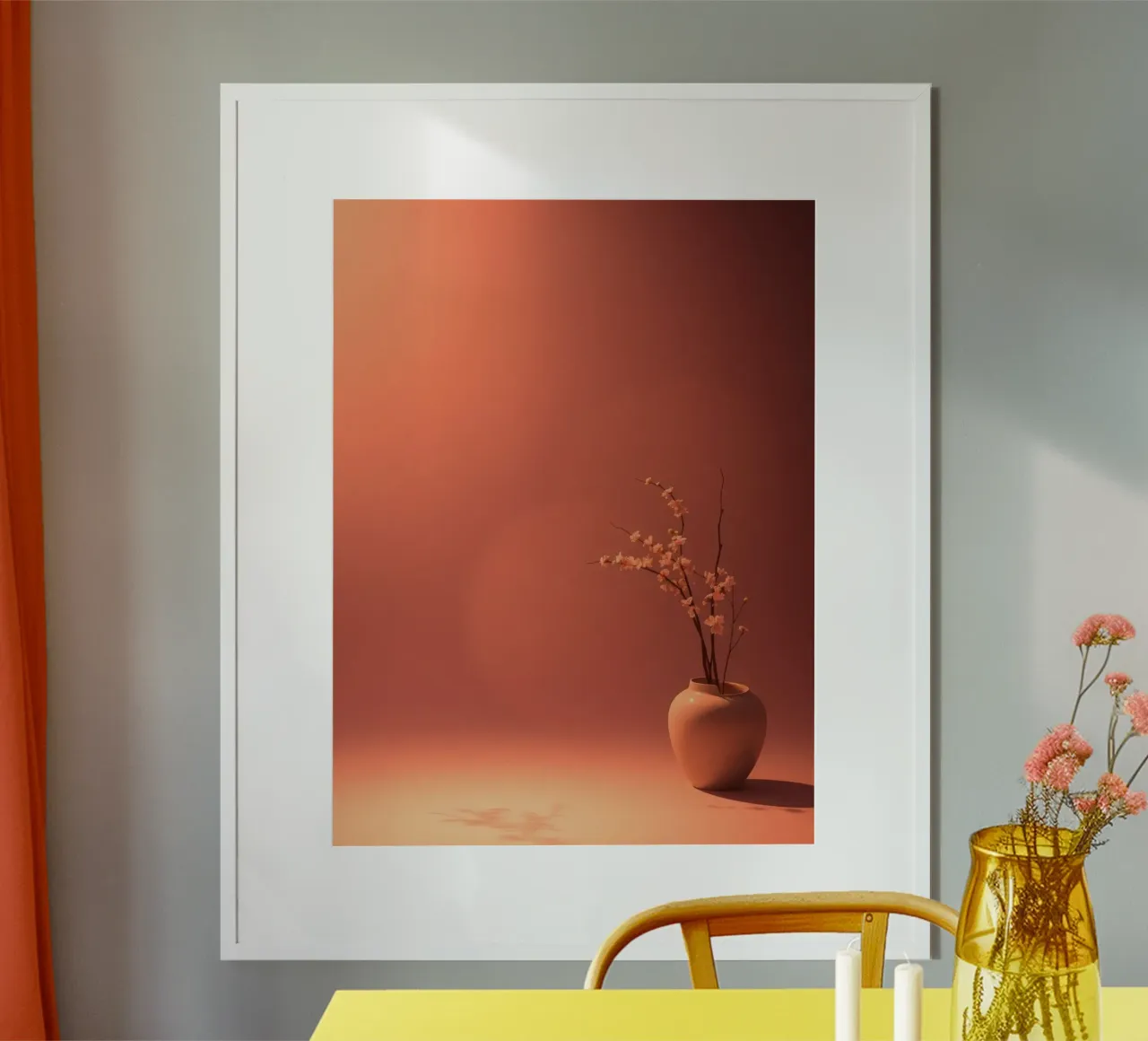 Elegant vase with delicate flowers against a warm background poster by DesignDoodle