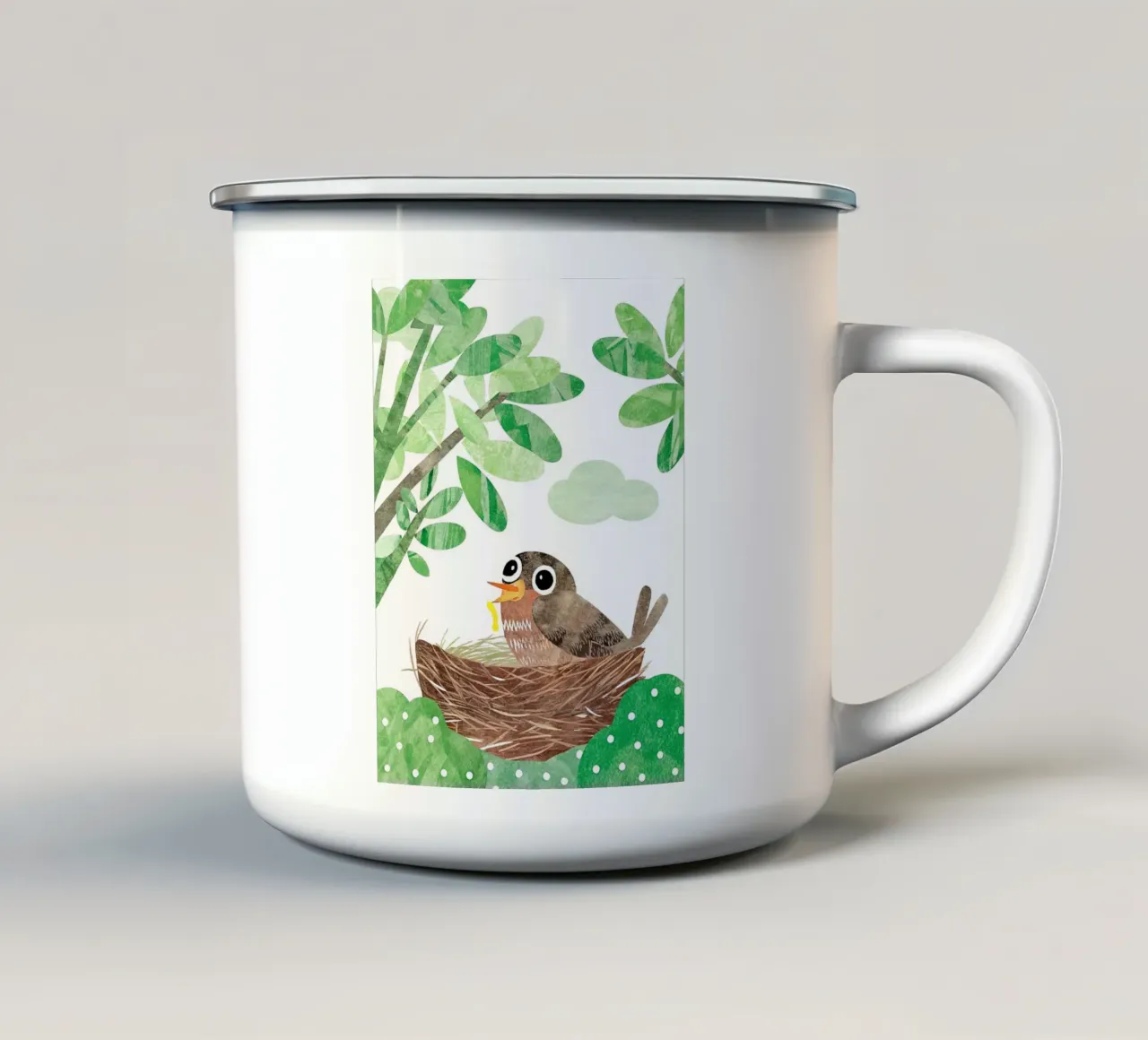 moedervogel in haar nest emaille mok van BABY ART PRINTS