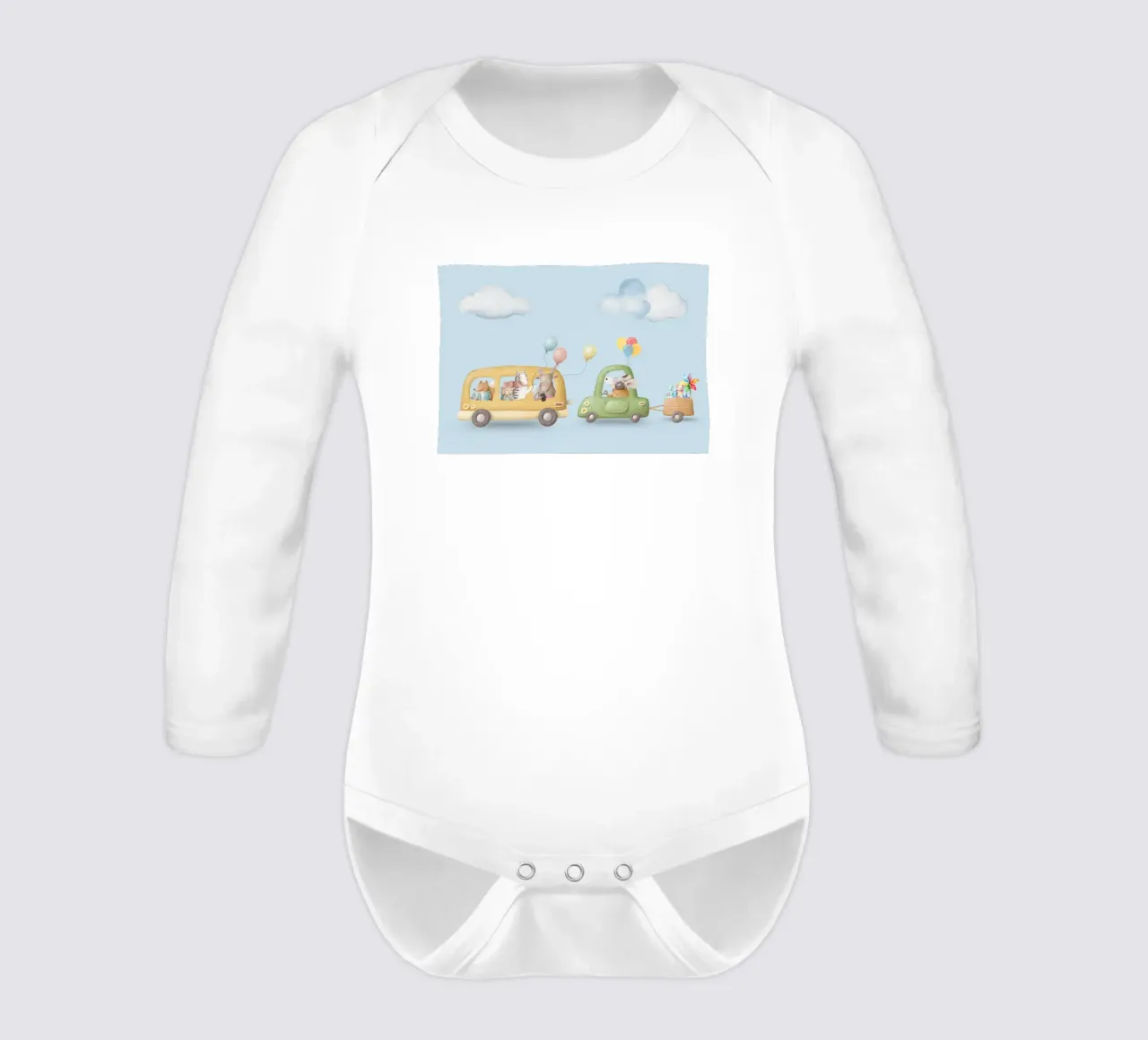 Wheels and Whiskers long-sleeve baby romper by Doodle Dreams Art