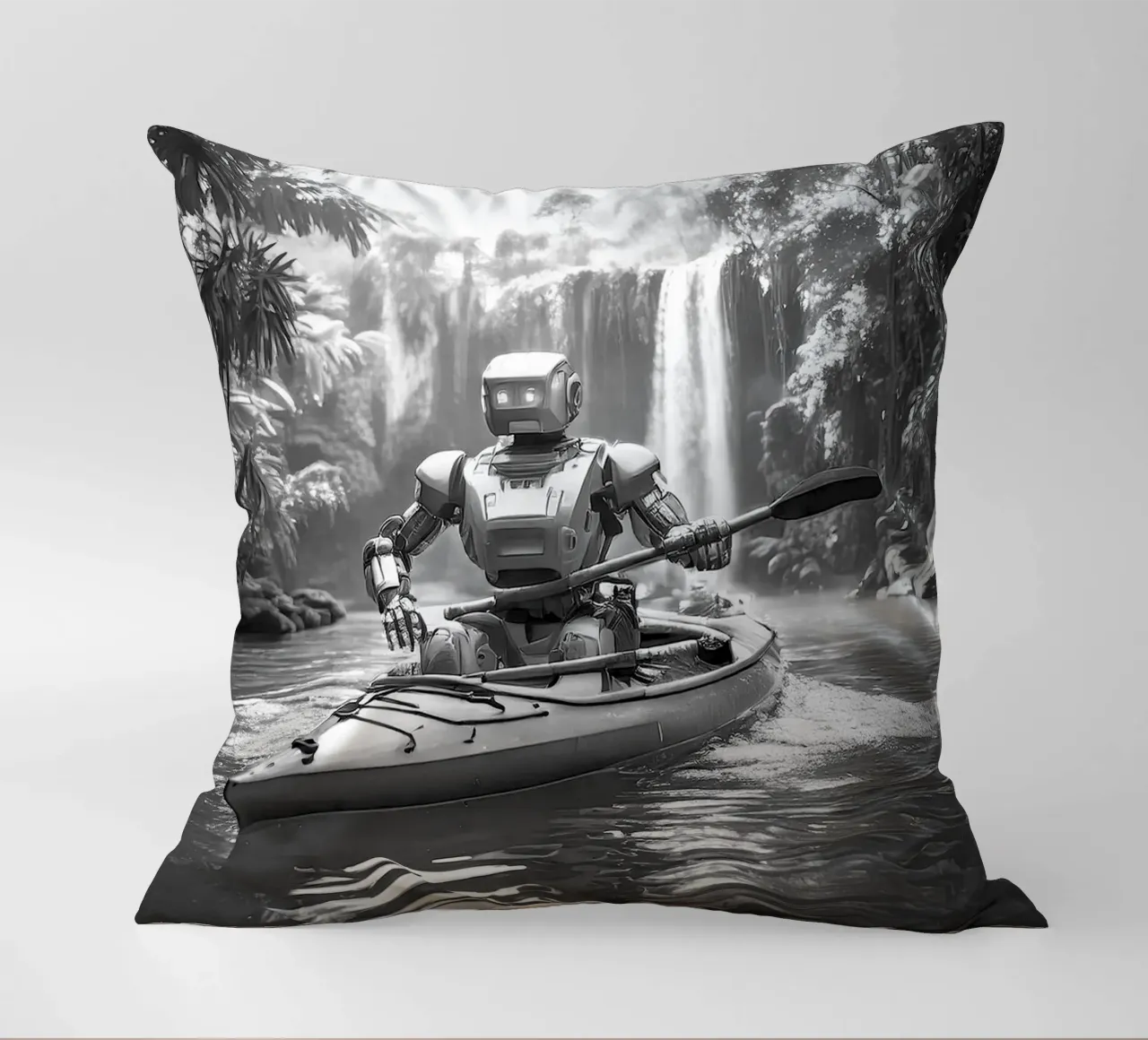 ROBOT EN CANOE. Noir et blanc. cuscino da Thierry vobmann photography