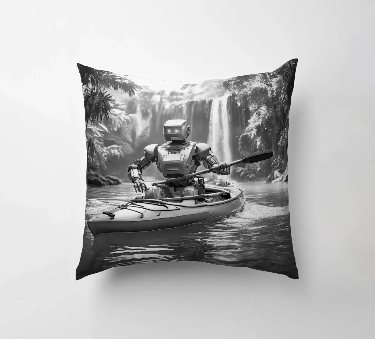 ROBOT EN CANOE. Noir et blanc. cuscino da Thierry vobmann photography