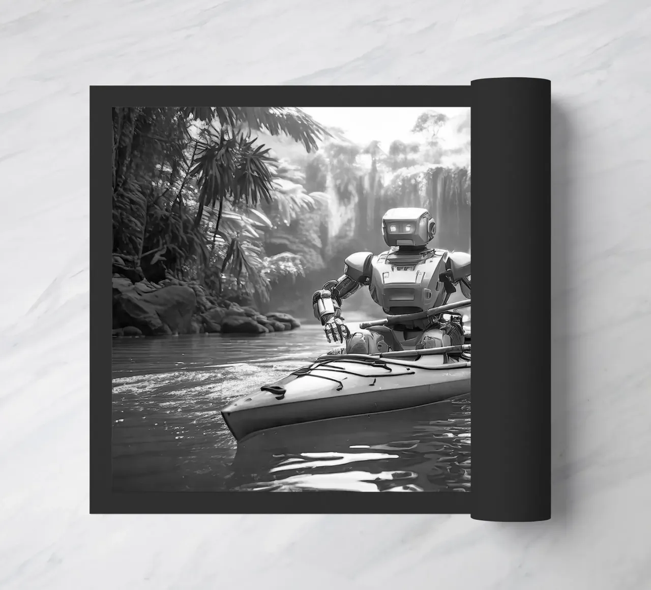 ROBOT EN CANOE. Noir et blanc. zerbino da Thierry vobmann photography
