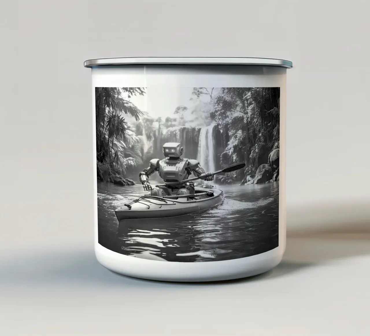 ROBOT EN CANOE. Noir et blanc. tazza in smalto da Thierry vobmann photography