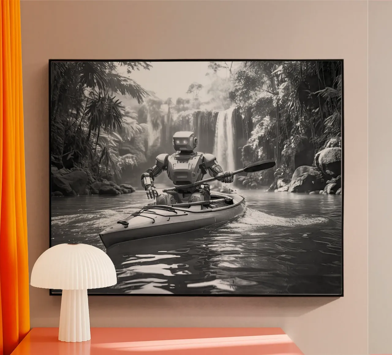ROBOT EN CANOE. Noir et blanc. plexiglass da Thierry vobmann photography