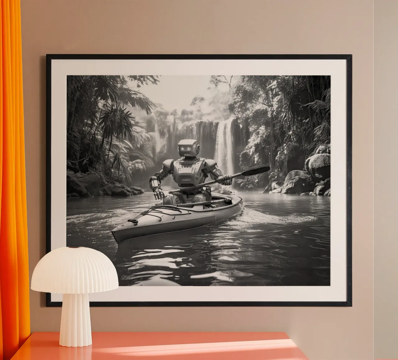 ROBOT EN CANOE. Noir et blanc. poster con telaio in plastica da Thierry vobmann photography