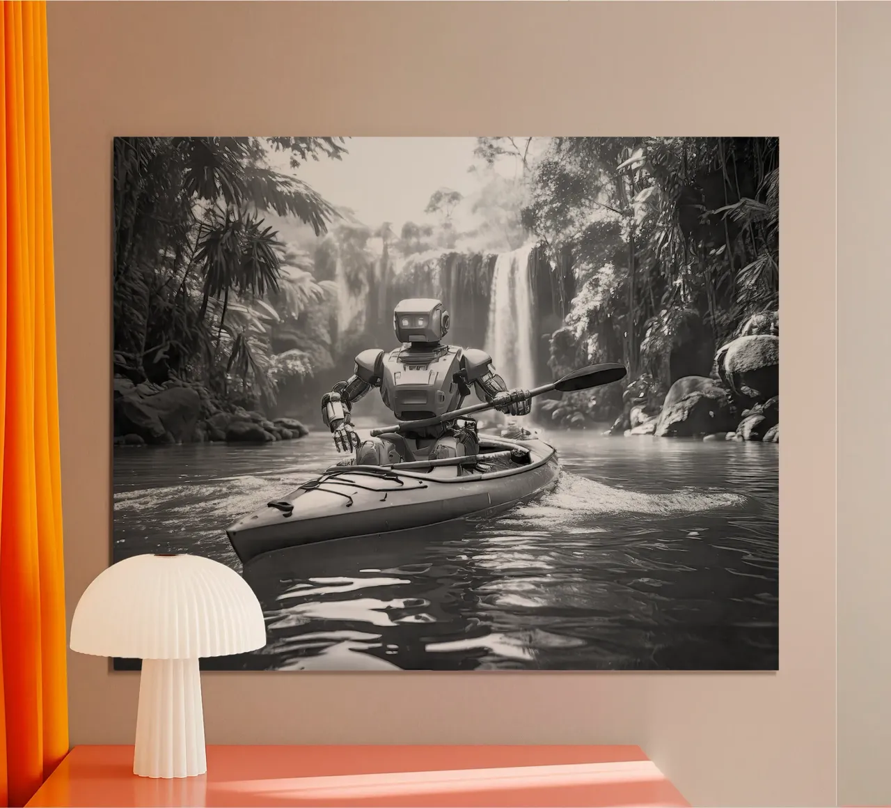 ROBOT EN CANOE. Noir et blanc. poster con telaio in plastica da Thierry vobmann photography