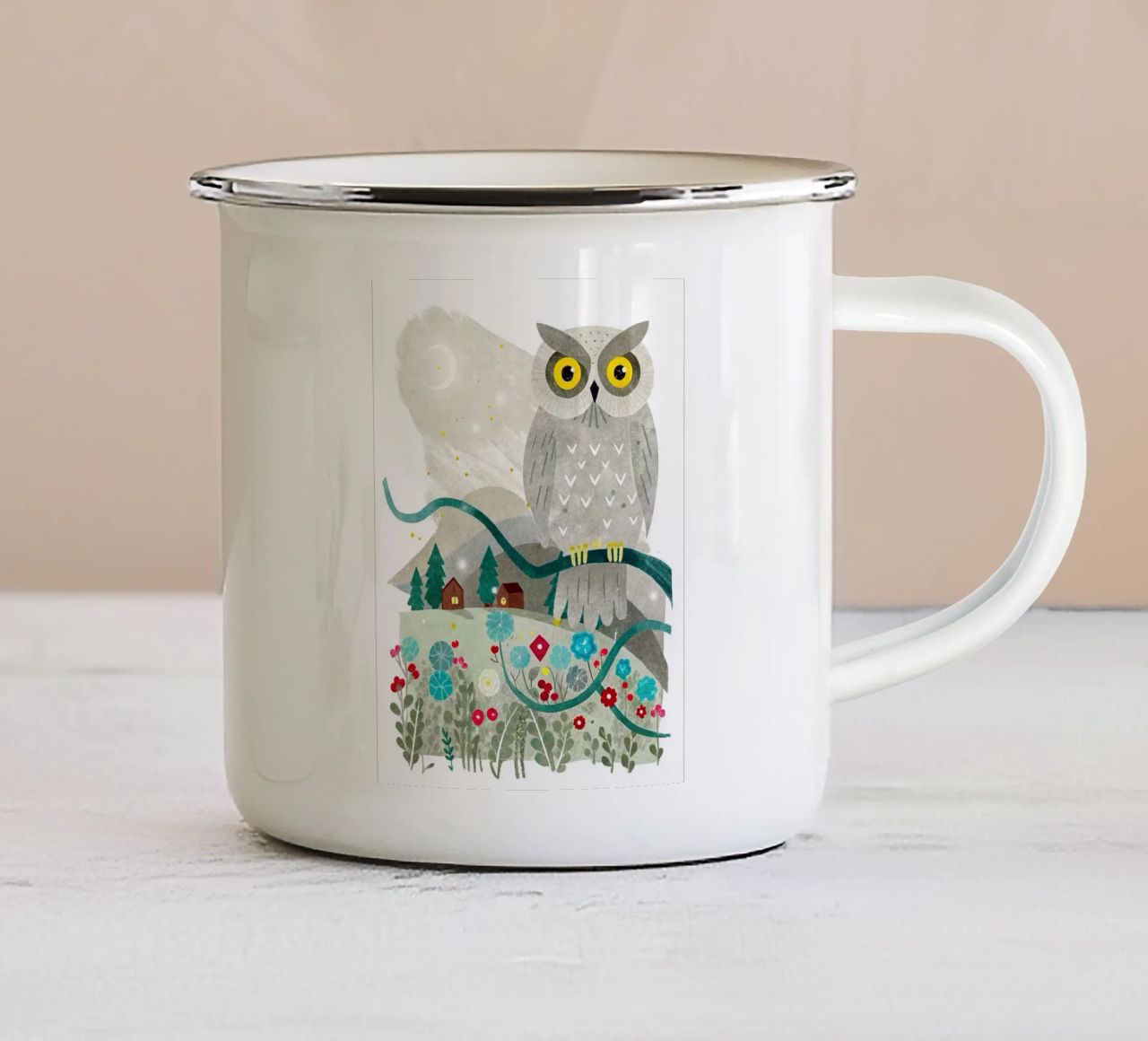 un gufo felice tazza in smalto da BABY ART PRINTS
