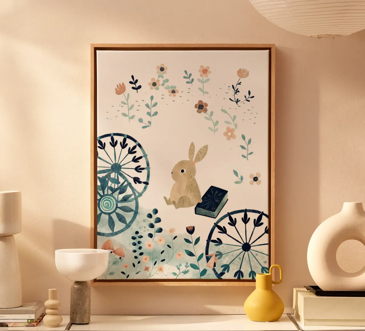 the reading bunny canvas with Floater frame by 🐹 BABY ART PRINTS