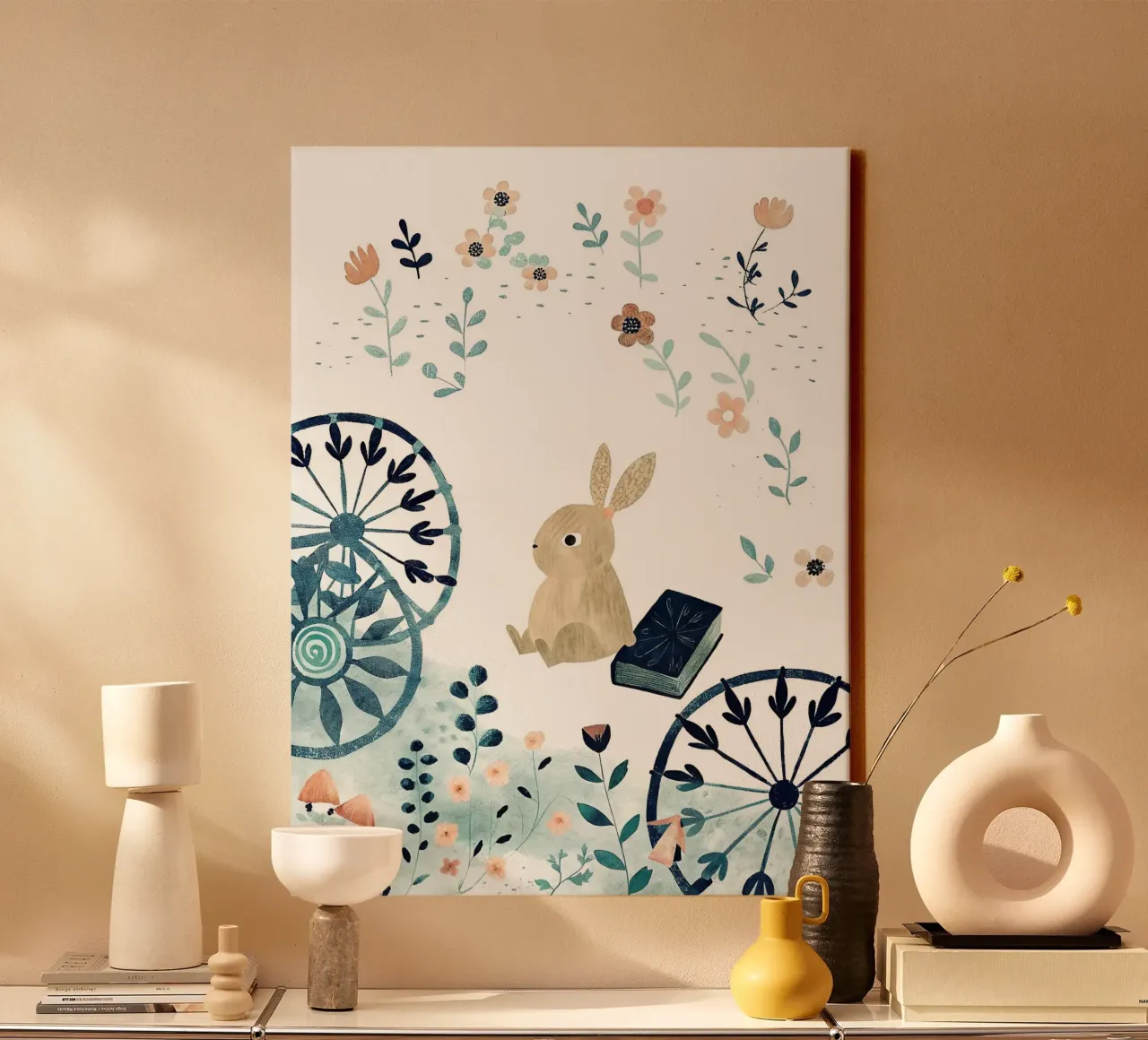 the reading bunny canvas with Floater frame by 🐹 BABY ART PRINTS