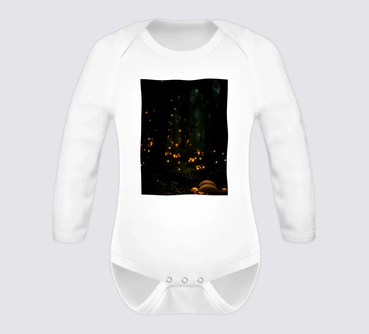Magical forest with glowing lights and mushrooms long-sleeve baby romper by DesignDoodle