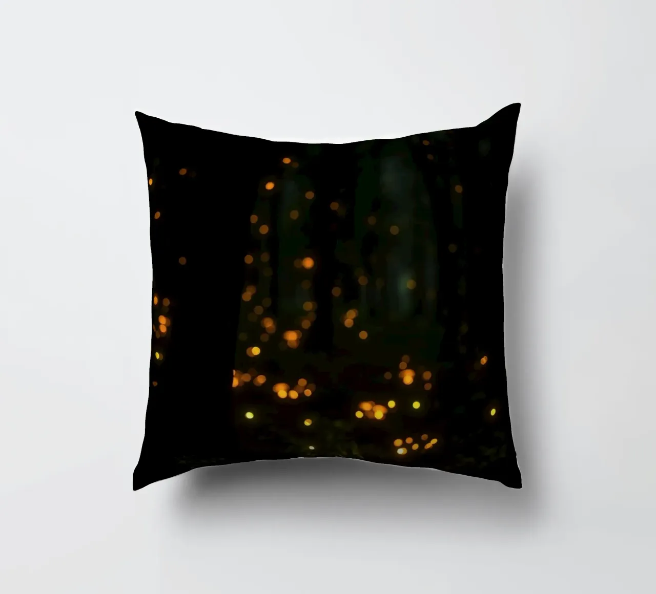Magical forest with glowing lights and mushrooms decorative cushion by DesignDoodle