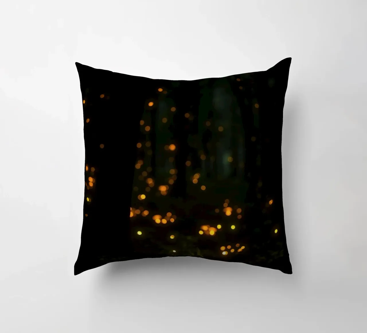 Magical forest with glowing lights and mushrooms decorative cushion by DesignDoodle