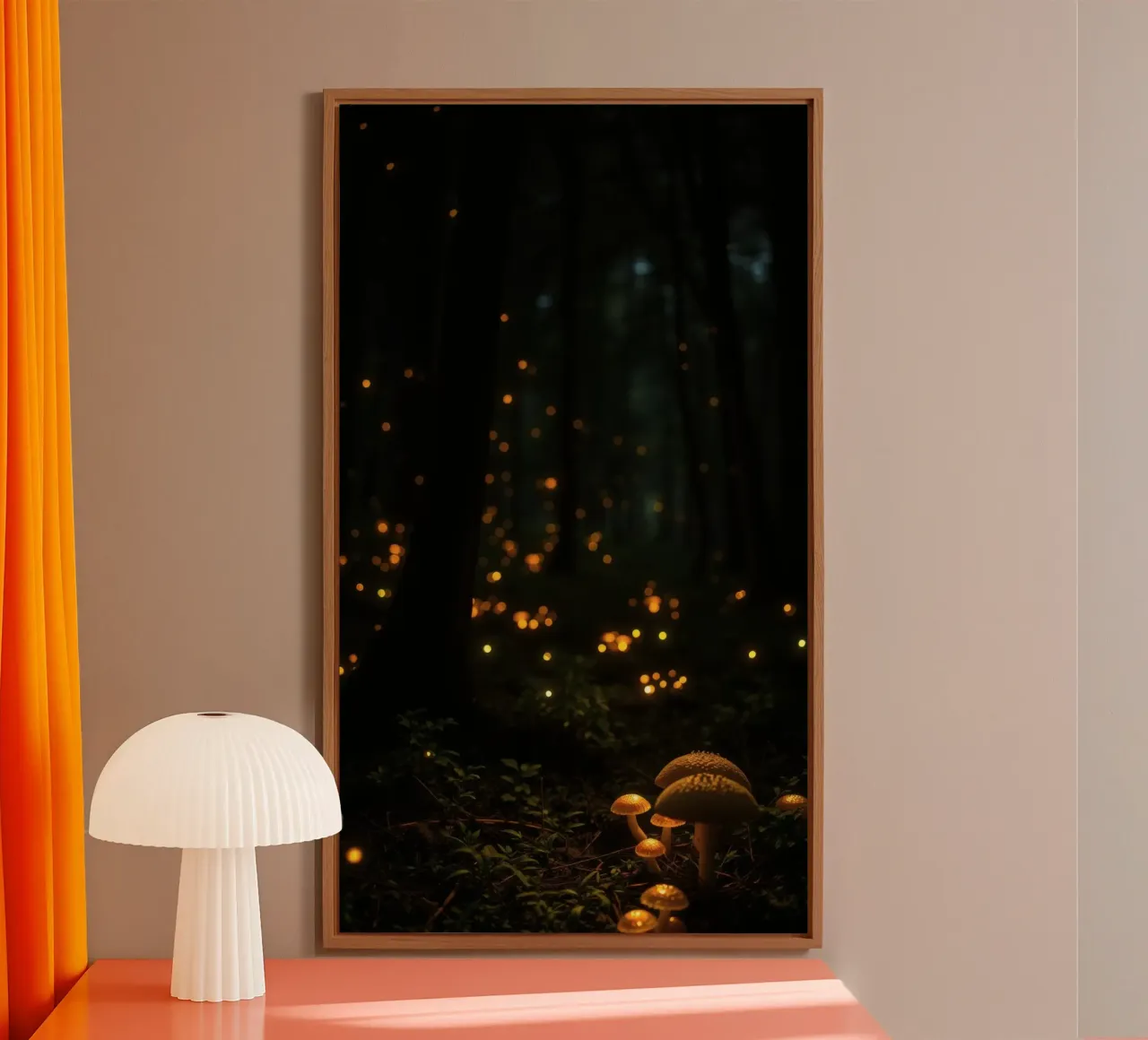 Magical forest with glowing lights and mushrooms alu-dibond by DesignDoodle