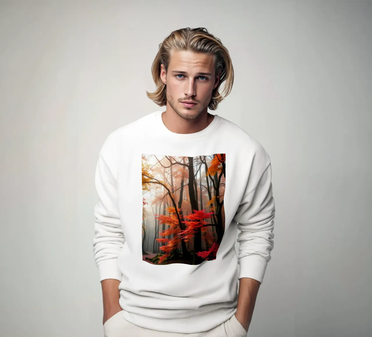 Captivating forest path adorned with vibrant autumn leaves sweatshirt by DesignDoodle