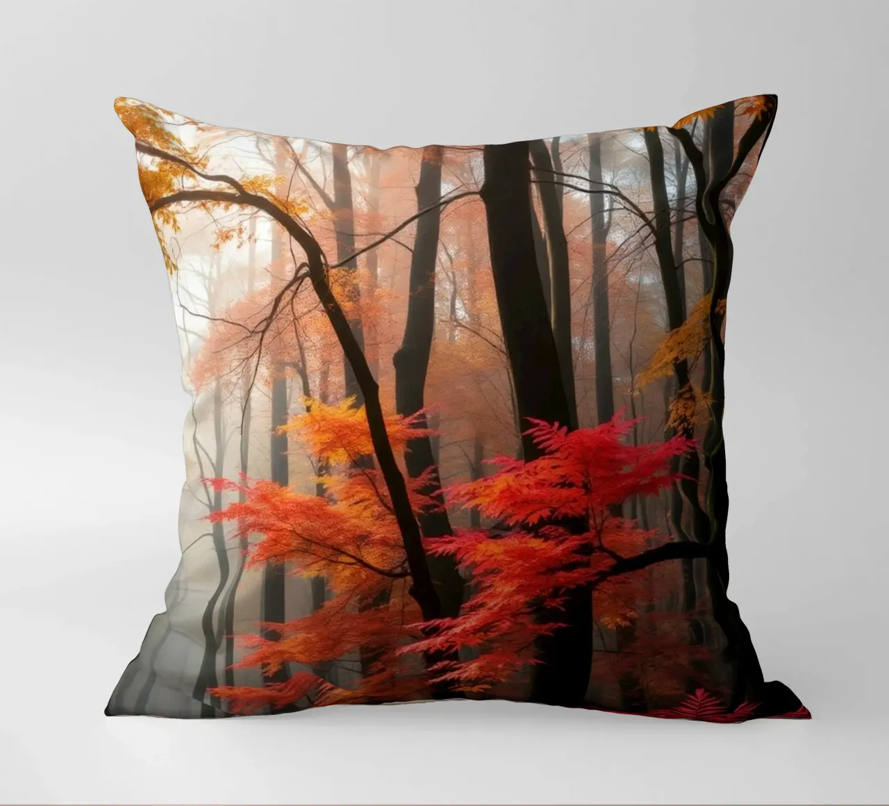 Captivating forest path adorned with vibrant autumn leaves decorative cushion by DesignDoodle