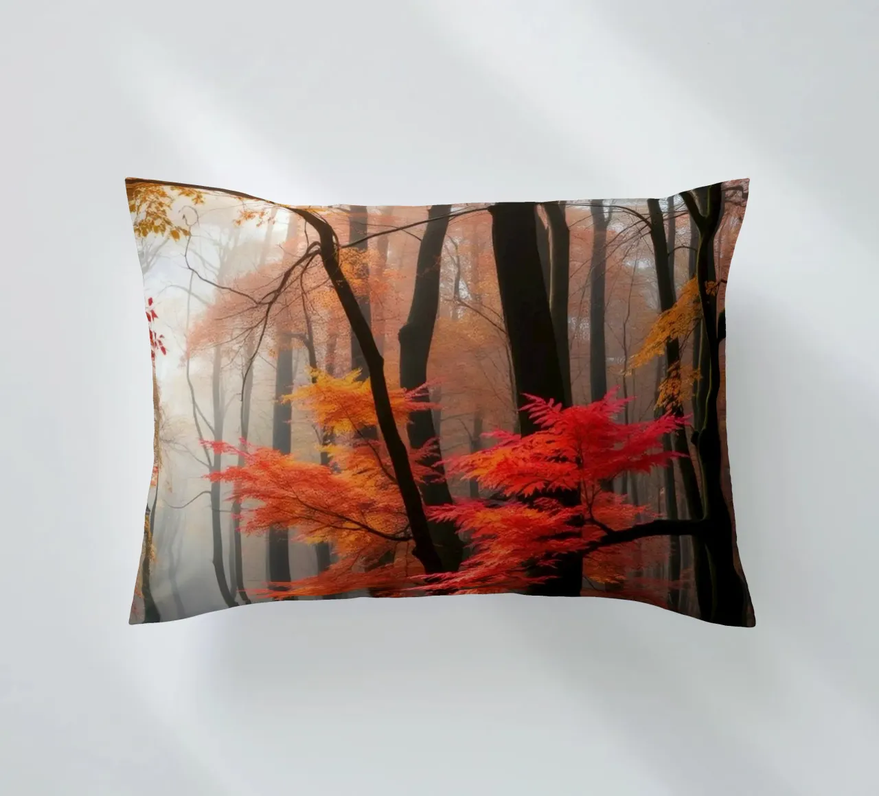 Captivating forest path adorned with vibrant autumn leaves decorative cushion by DesignDoodle