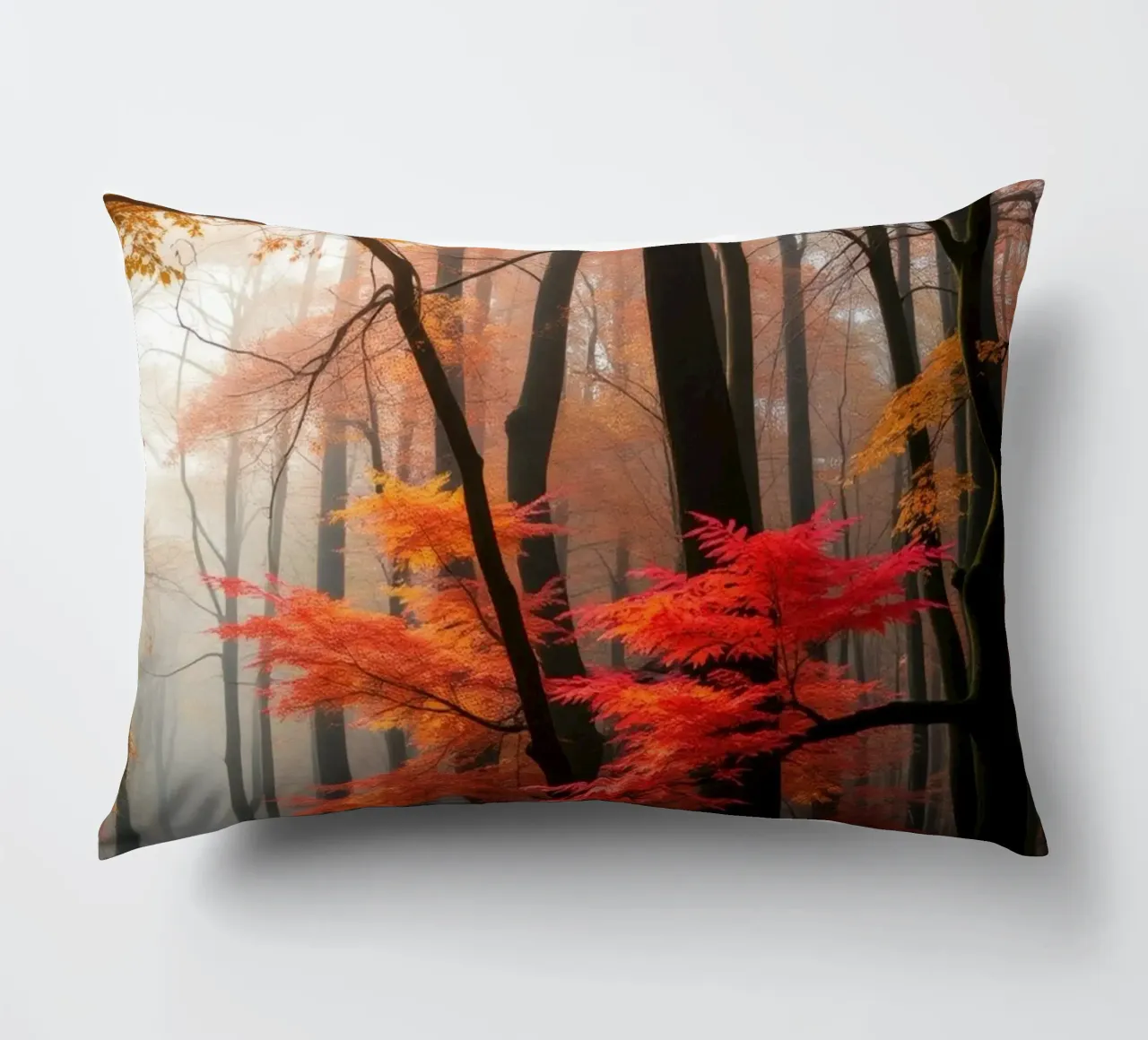 Captivating forest path adorned with vibrant autumn leaves decorative cushion by DesignDoodle