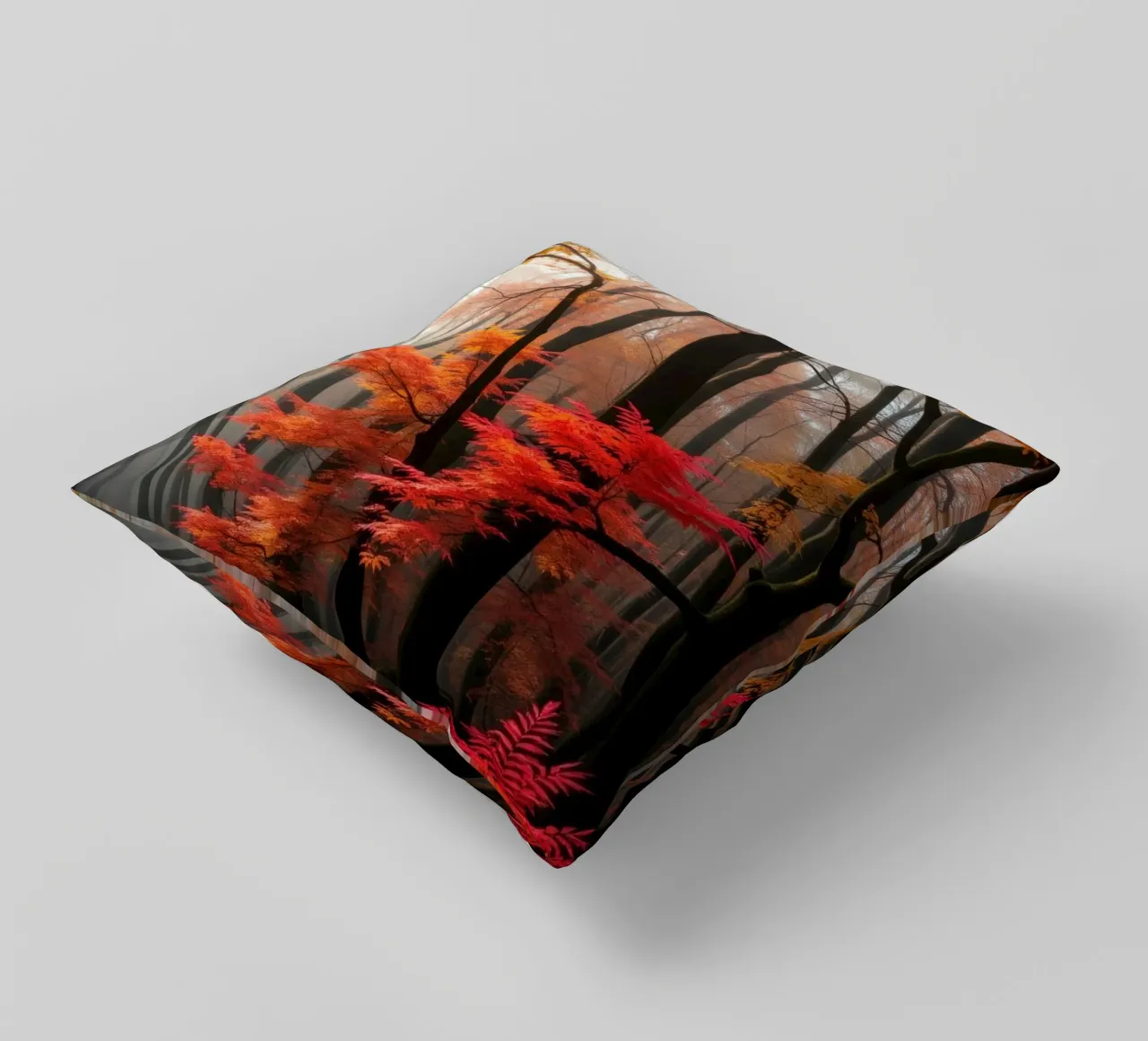 Captivating forest path adorned with vibrant autumn leaves decorative cushion by DesignDoodle