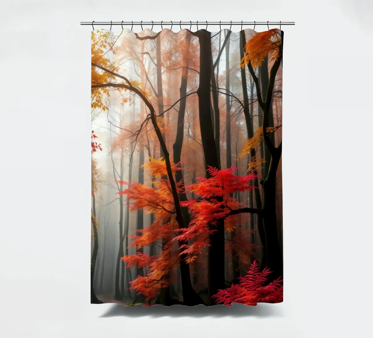 Captivating forest path adorned with vibrant autumn leaves shower curtain by DesignDoodle