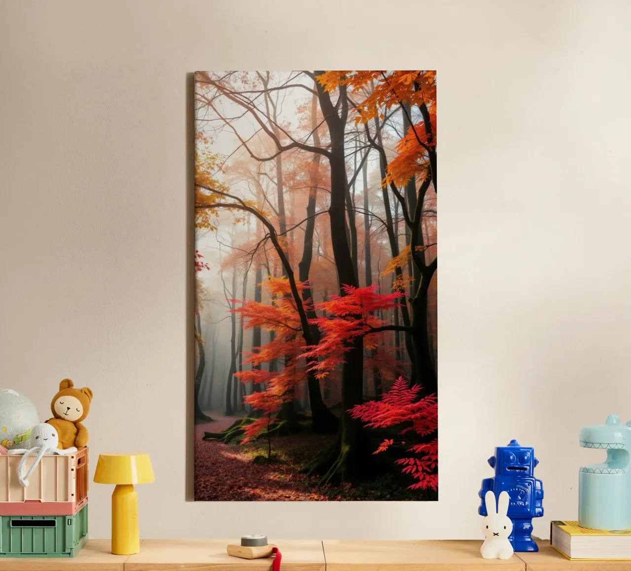 Captivating forest path adorned with vibrant autumn leaves canvas by DesignDoodle
