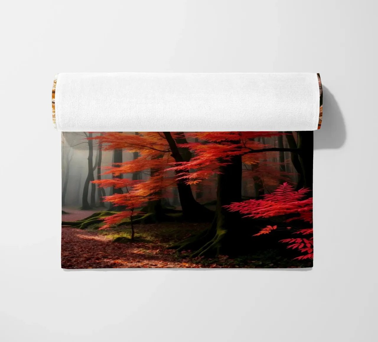 Captivating forest path adorned with vibrant autumn leaves beach towel by DesignDoodle