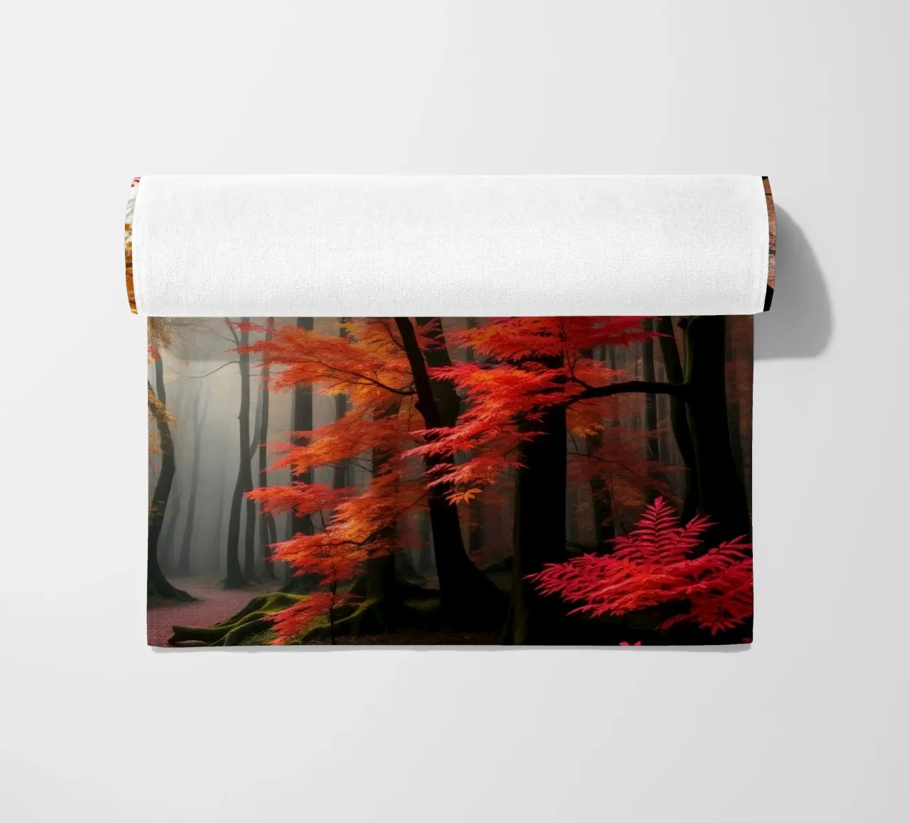 Captivating forest path adorned with vibrant autumn leaves beach towel by DesignDoodle