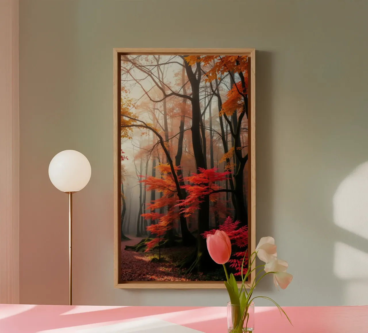 Captivating forest path adorned with vibrant autumn leaves canvas with Floater frame by DesignDoodle