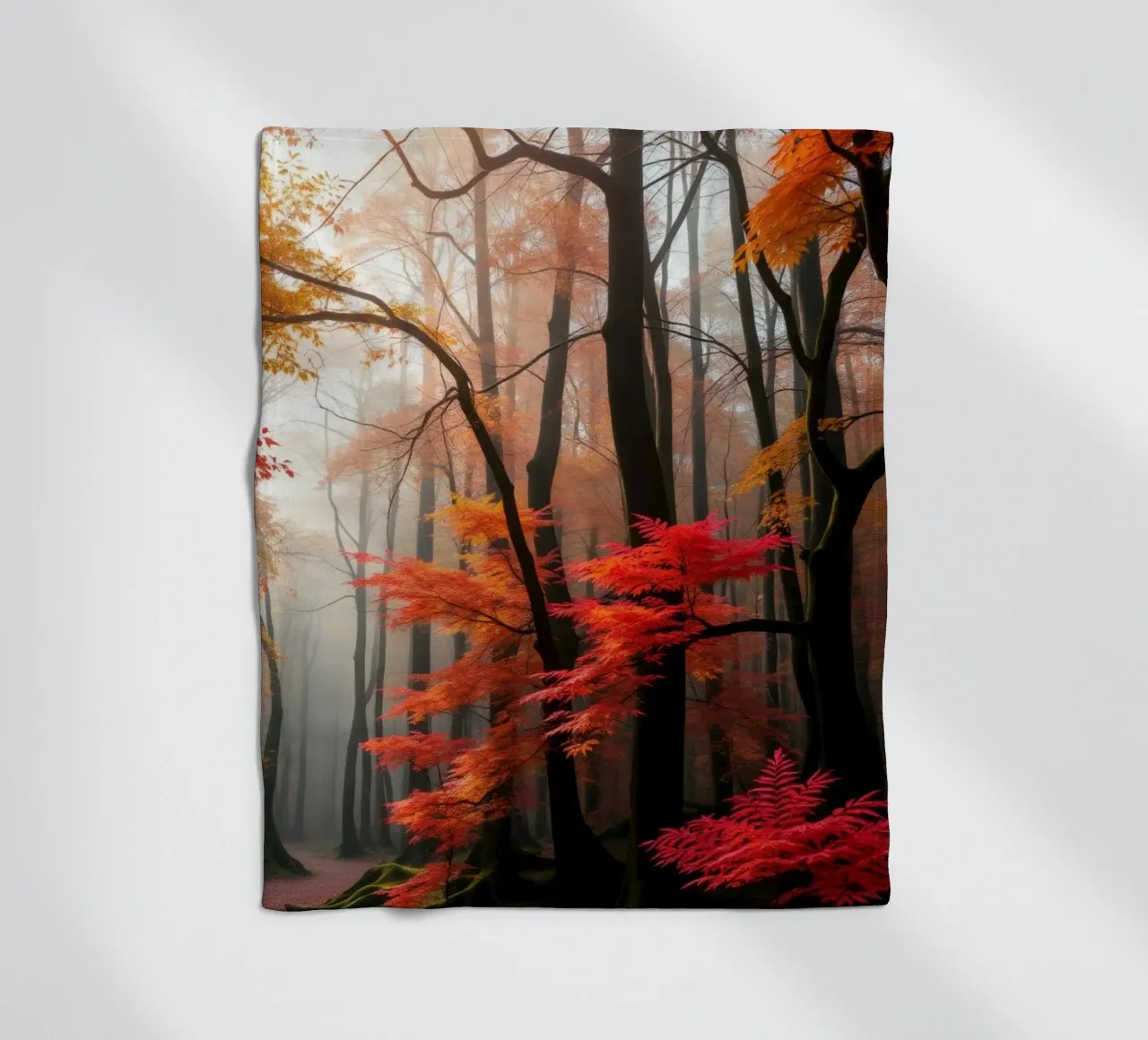 Captivating forest path adorned with vibrant autumn leaves fleece blanket by DesignDoodle